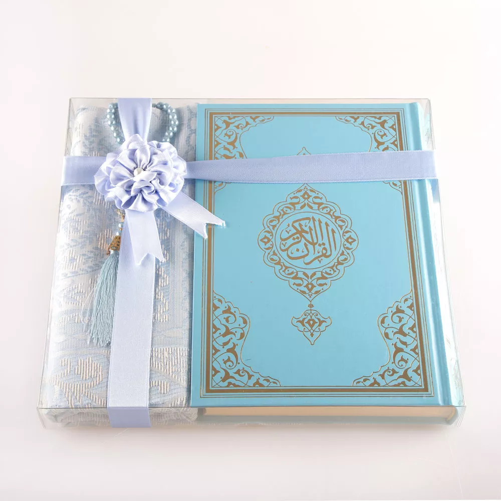 HAYRAT NEŞRİYAT - Seccade + Tesbih + Kuran Hediye Seti (Çanta Boy, Yeni Cilt, Açık Mavi) 