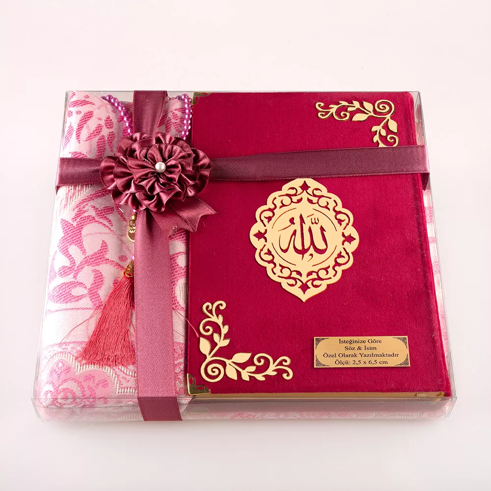 HAYRAT NEŞRİYAT - Seccade + Tesbih + Kuran Hediye Seti (Hafız Boy, Kadife, Fuşya Pembe, Lafzatullah) 