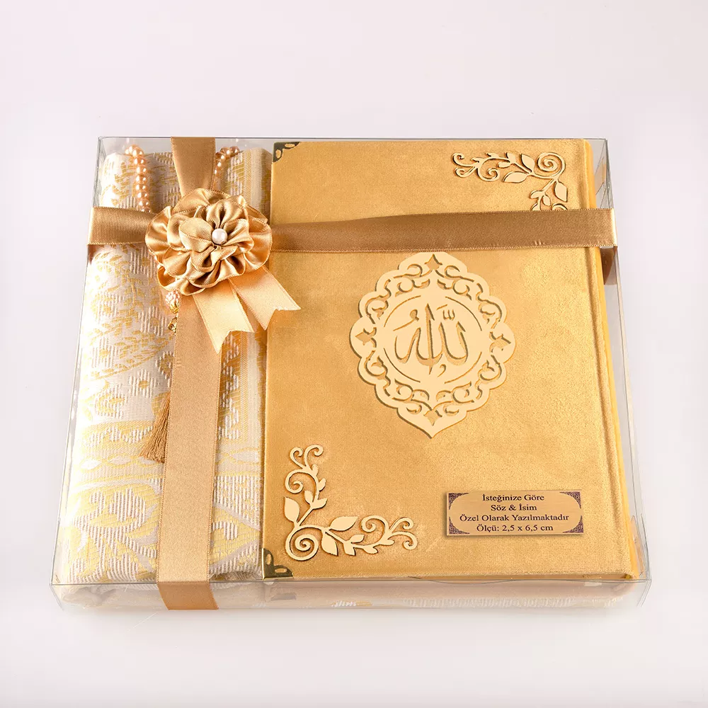 HAYRAT NEŞRİYAT - Seccade + Tesbih + Kuran Hediye Seti (Hafız Boy, Kadife, Gold, Lafzatullah) 