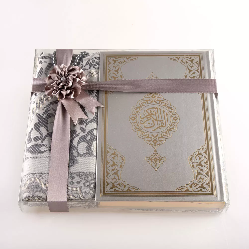 HAYRAT NEŞRİYAT - Seccade + Tesbih + Kuran Hediye Seti (Hafız Boy, Yeni Cilt, Gri) 