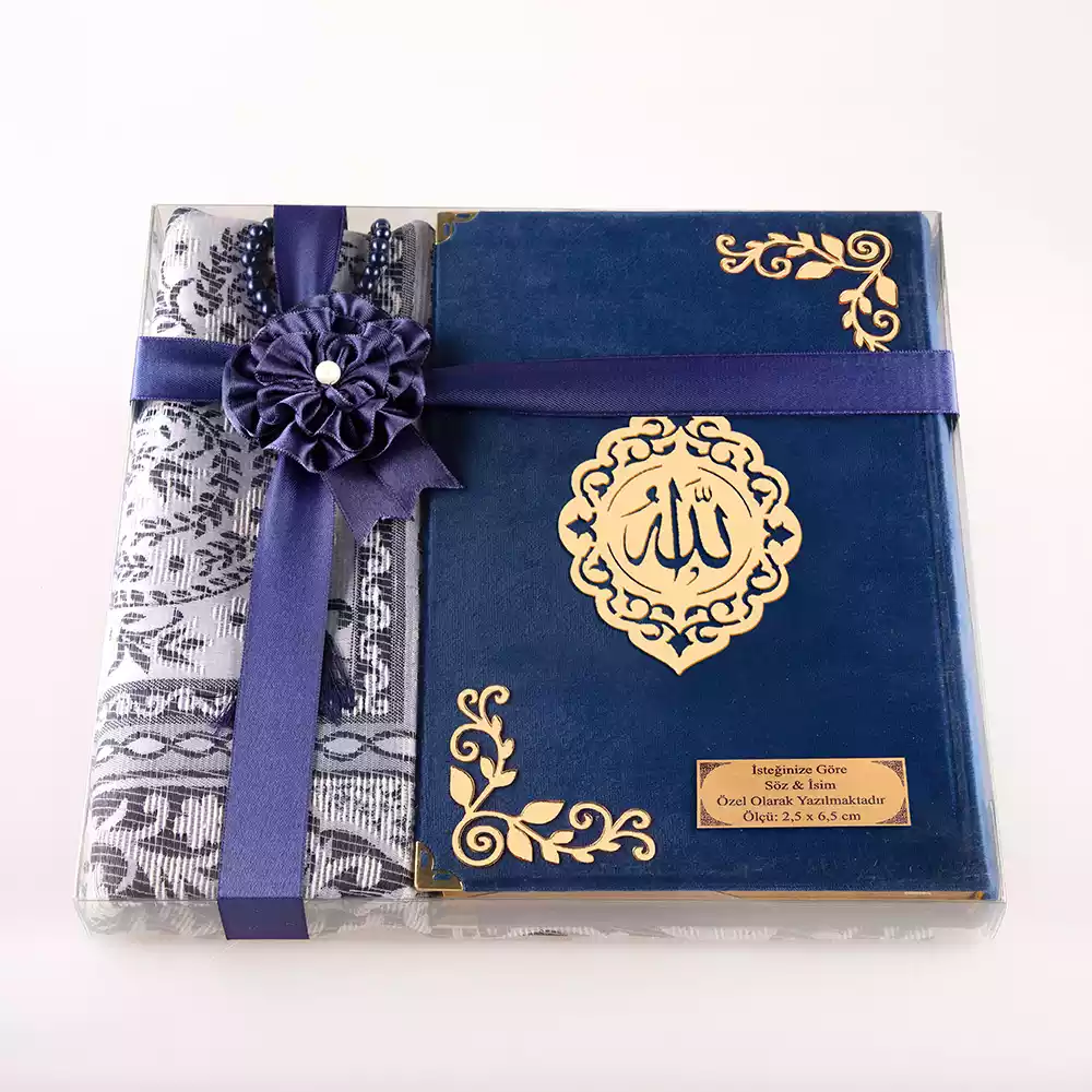 HAYRAT NEŞRİYAT - Seccade + Tesbih + Kuran Hediye Seti (Orta Boy, Kadife, Lacivert, Lafzatullah) 
