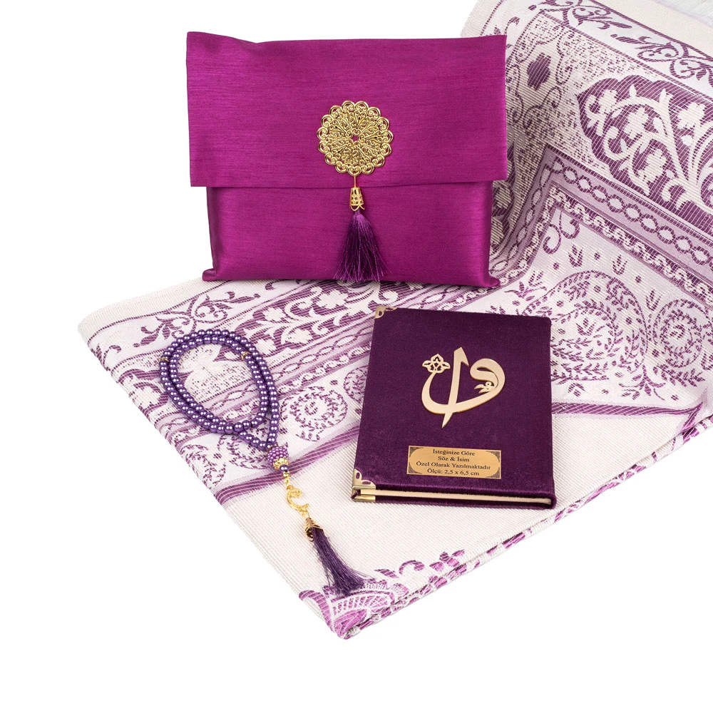 HAYRAT NEŞRİYAT - Seccade + Tesbih + Yasin Hediye Seti (Çanta Boy, Şantuk Kese, Mor) 