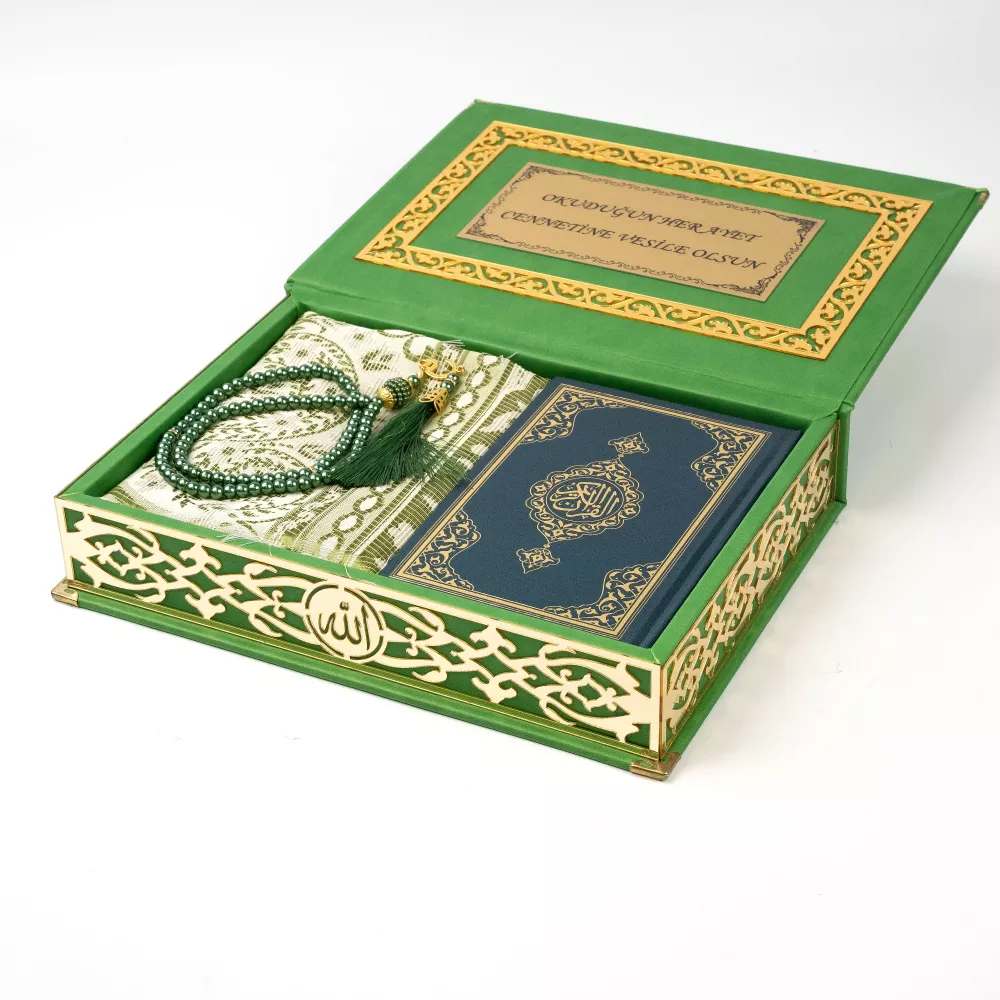 HAYRAT NEŞRİYAT - Seccade + Vavlı İnci Tesbih + Çanta boy Kuran Hediye Seti (Termo Deri Kutulu)