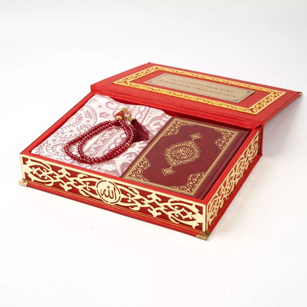Seccade + Vavlı İnci Tesbih + Çanta boy Kuran Hediye Seti (Termo Deri Kutulu)