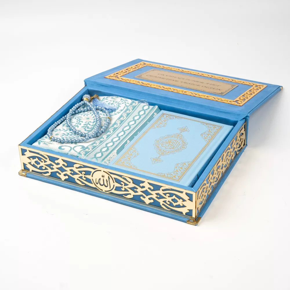 Seccade + Vavlı İnci Tesbih + Çanta boy Kuran Hediye Seti (Termo Deri Kutulu) - Thumbnail