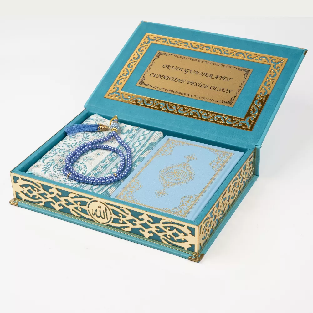 Seccade + Vavlı İnci Tesbih + Çanta boy Kuran Hediye Seti (Termo Deri Kutulu)
