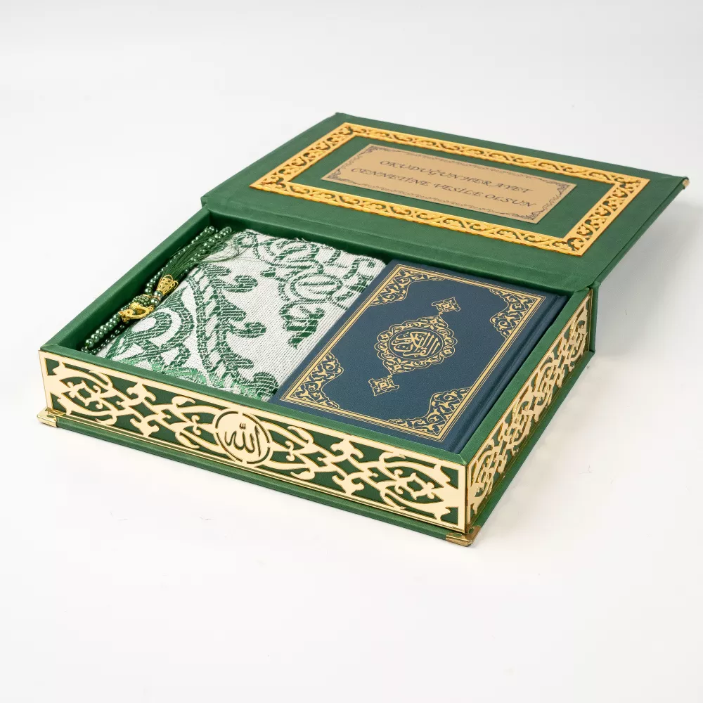 Seccade + Vavlı İnci Tesbih + Çanta boy Kuran Hediye Seti (Termo Deri Kutulu) - Thumbnail