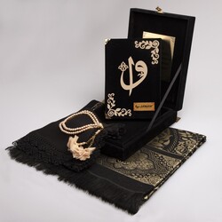 Shawl + Prayer Mat + Quran Gift Set (Bag Size, Box, Black) - Thumbnail