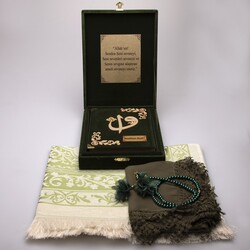 Shawl + Prayer Mat + Quran Gift Set (Bag Size, Box, Green) - Thumbnail