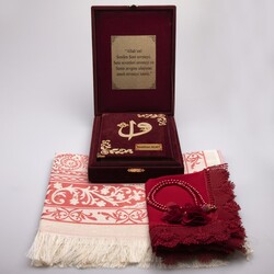 Shawl + Prayer Mat + Quran Gift Set (Bag Size, Box, Maroon) - Thumbnail