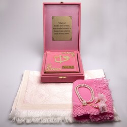 Shawl + Prayer Mat + Quran Gift Set (Bag Size, Box, Powder Pink) - Thumbnail