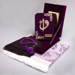Shawl + Prayer Mat + Quran Gift Set (Bag Size, Box, Purple) - Thumbnail