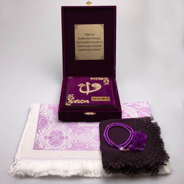 Shawl + Prayer Mat + Quran Gift Set (Bag Size, Box, Purple)