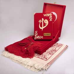 Shawl + Prayer Mat + Quran Gift Set (Bag Size, Box, Red) - Thumbnail