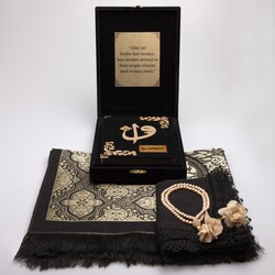Shawl + Prayer Mat + Quran Gift Set (Hafiz Size, Box, Black) - Thumbnail