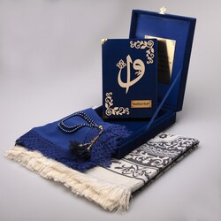 Shawl + Prayer Mat + Quran Gift Set (Hafiz Size, Box, Dark Blue) - Thumbnail