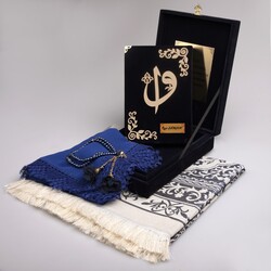 Shawl + Prayer Mat + Quran Gift Set (Hafiz Size, Box, Navy Blue) - Thumbnail