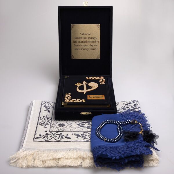 Shawl + Prayer Mat + Quran Gift Set (Hafiz Size, Box, Navy Blue)