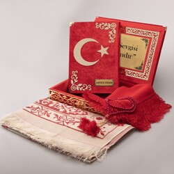 Shawl + Prayer Mat + Salah Beads + Crescent and Star Quran Gift Set (Medium Size, Red, Gold Plexy) - Thumbnail