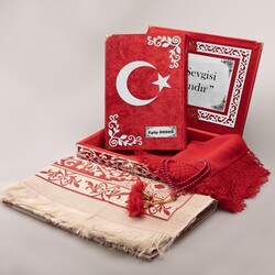 Shawl + Prayer Mat + Salah Beads + Crescent and Star Quran Gift Set (Medium Size, Red, Silver Plexy) - Thumbnail