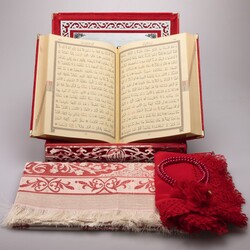 Shawl + Prayer Mat + Salah Beads + Crescent and Star Quran Gift Set (Medium Size, Red, Silver Plexy) - Thumbnail