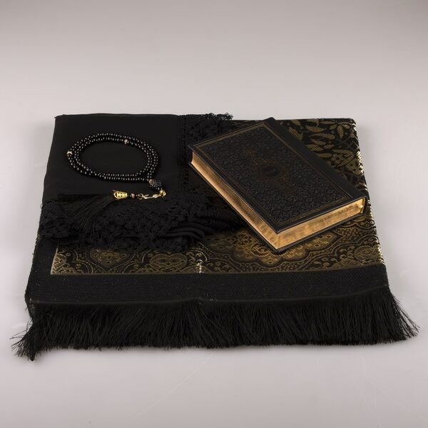 Shawl + Prayer Mat + Salah Beads + Quran Gift Set (Bag Size, Black1)
