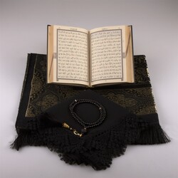 Shawl + Prayer Mat + Salah Beads + Quran Gift Set (Bag Size, Black1) - Thumbnail