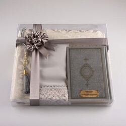 Shawl + Prayer Mat + Salah Beads + Quran Gift Set (Bag Size, Grey) - Thumbnail