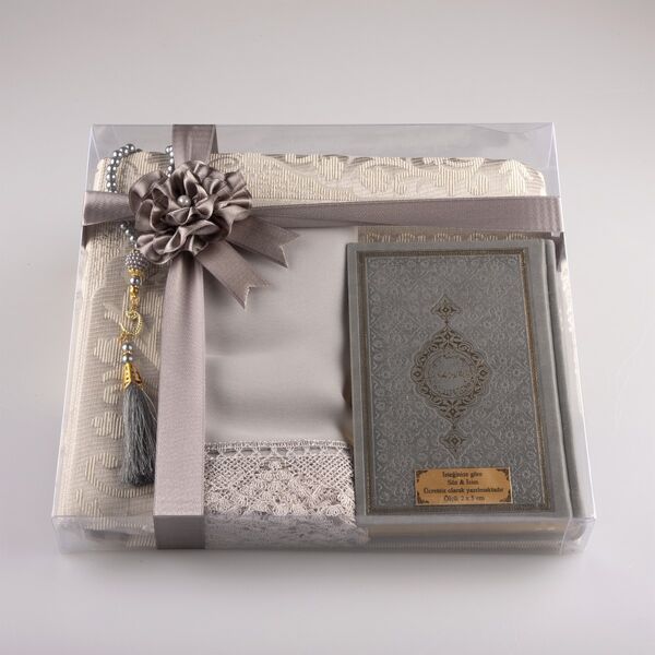 Shawl + Prayer Mat + Salah Beads + Quran Gift Set (Bag Size, Grey)