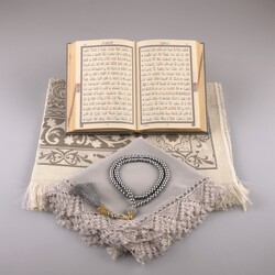 Shawl + Prayer Mat + Salah Beads + Quran Gift Set (Bag Size, Grey) - Thumbnail