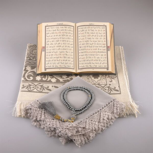 Shawl + Prayer Mat + Salah Beads + Quran Gift Set (Bag Size, Grey)