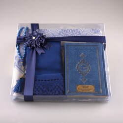 Shawl + Prayer Mat + Salah Beads + Quran Gift Set (Bag Size, Navy Blue) - Thumbnail