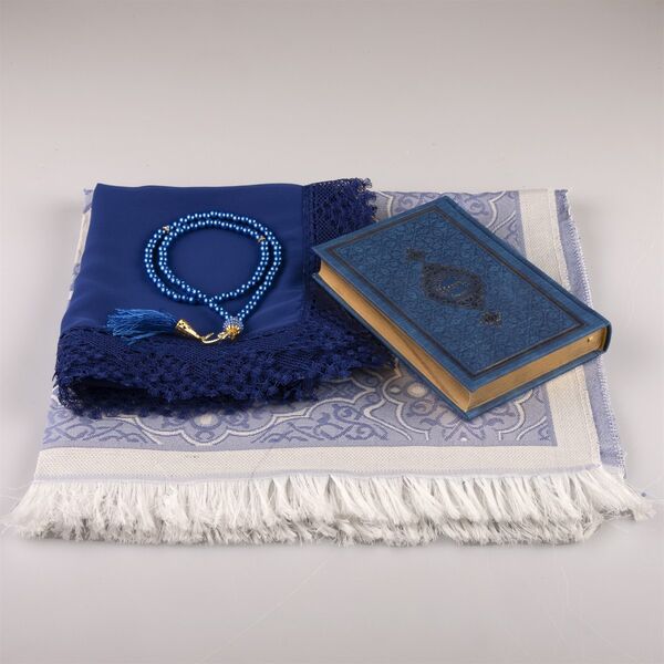 Shawl + Prayer Mat + Salah Beads + Quran Gift Set (Bag Size, Navy Blue) 