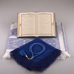 Shawl + Prayer Mat + Salah Beads + Quran Gift Set (Bag Size, Navy Blue) - Thumbnail