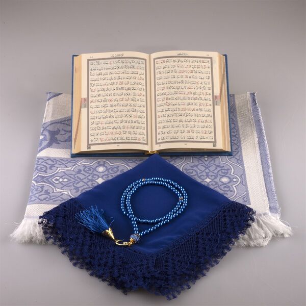 Shawl + Prayer Mat + Salah Beads + Quran Gift Set (Bag Size, Navy Blue) 