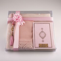 Shawl + Prayer Mat + Salah Beads + Quran Gift Set (Bag Size, Powder Pink) - Thumbnail