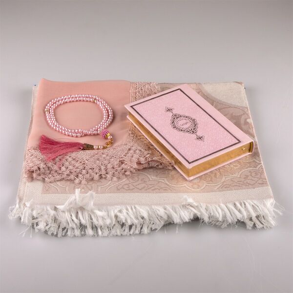 Shawl + Prayer Mat + Salah Beads + Quran Gift Set (Bag Size, Powder Pink) 
