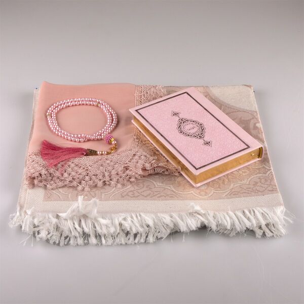 Shawl + Prayer Mat + Salah Beads + Quran Gift Set (Bag Size, Powder Pink)