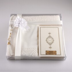 Shawl + Prayer Mat + Salah Beads + Quran Gift Set (Bag Size, White2) - Thumbnail