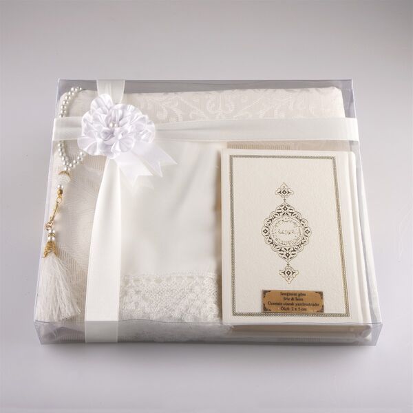 Shawl + Prayer Mat + Salah Beads + Quran Gift Set (Bag Size, White2)