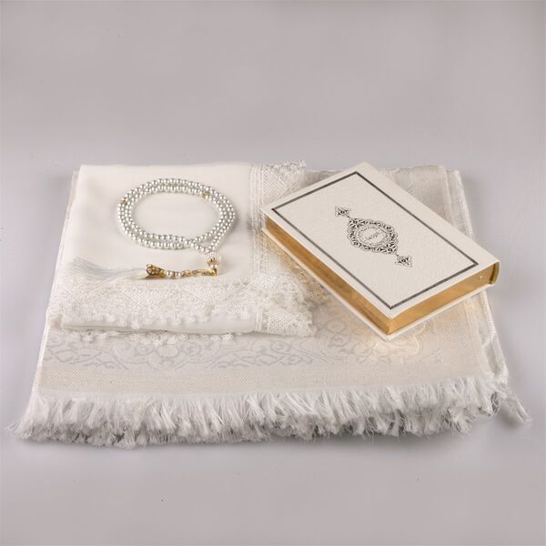 Shawl + Prayer Mat + Salah Beads + Quran Gift Set (Bag Size, White2)