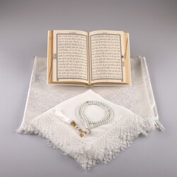 Shawl + Prayer Mat + Salah Beads + Quran Gift Set (Bag Size, White2) - Thumbnail