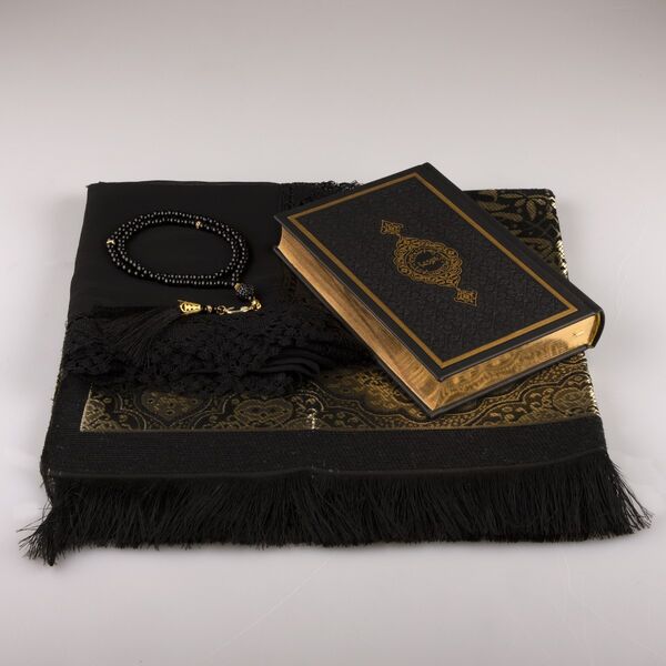 Shawl + Prayer Mat + Salah Beads + Quran Gift Set (Hafiz Size, Black1)