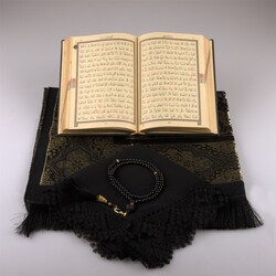 Shawl + Prayer Mat + Salah Beads + Quran Gift Set (Hafiz Size, Black1) - Thumbnail