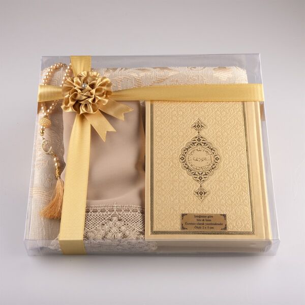 Shawl + Prayer Mat + Salah Beads + Quran Gift Set (Hafiz Size, Gold1)