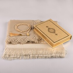 Shawl + Prayer Mat + Salah Beads + Quran Gift Set (Hafiz Size, Gold1) - Thumbnail