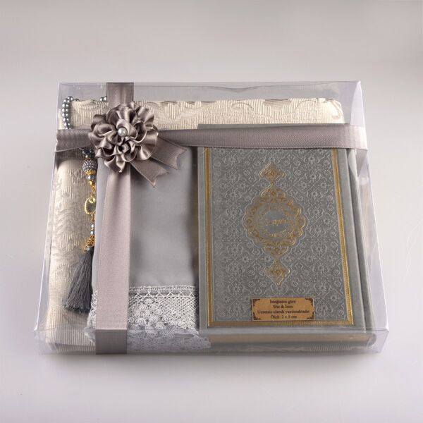 Shawl + Prayer Mat + Salah Beads + Quran Gift Set (Hafiz Size, Grey)