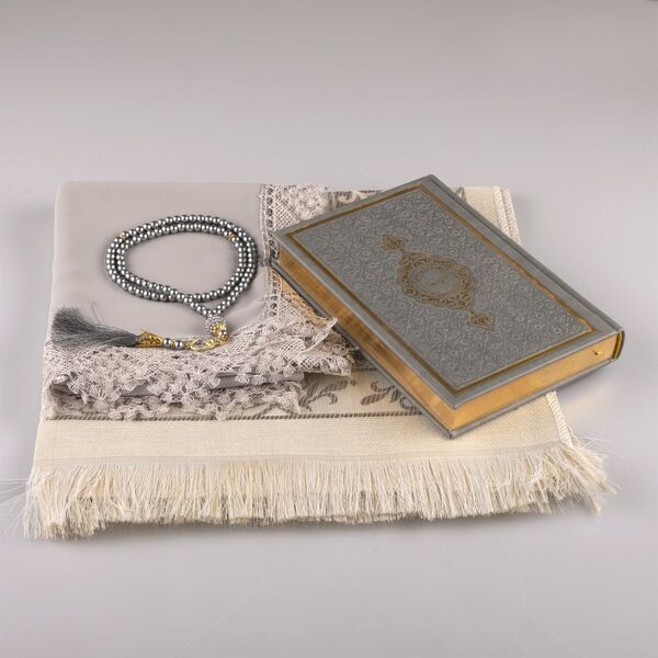 Shawl + Prayer Mat + Salah Beads + Quran Gift Set (Hafiz Size, Grey)