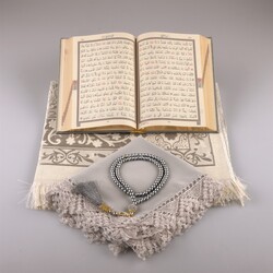 Shawl + Prayer Mat + Salah Beads + Quran Gift Set (Hafiz Size, Grey) - Thumbnail