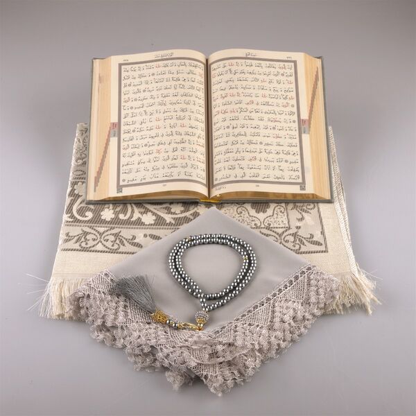 Shawl + Prayer Mat + Salah Beads + Quran Gift Set (Hafiz Size, Grey)